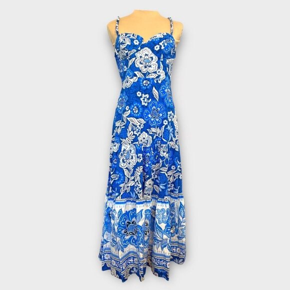 NEW Farm Rio Midi Dress M Blue Full Of Flowers Organic Cotton NWT Tiered - Picture 4 of 10